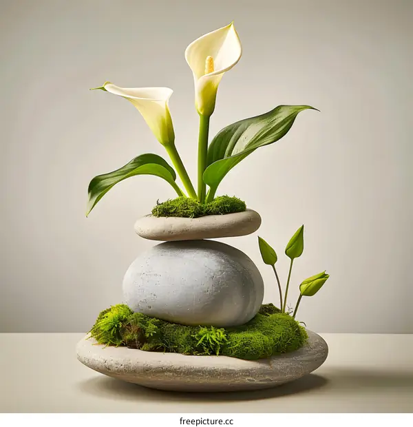 White Calla Lilies and Stacked Stones with Moss
