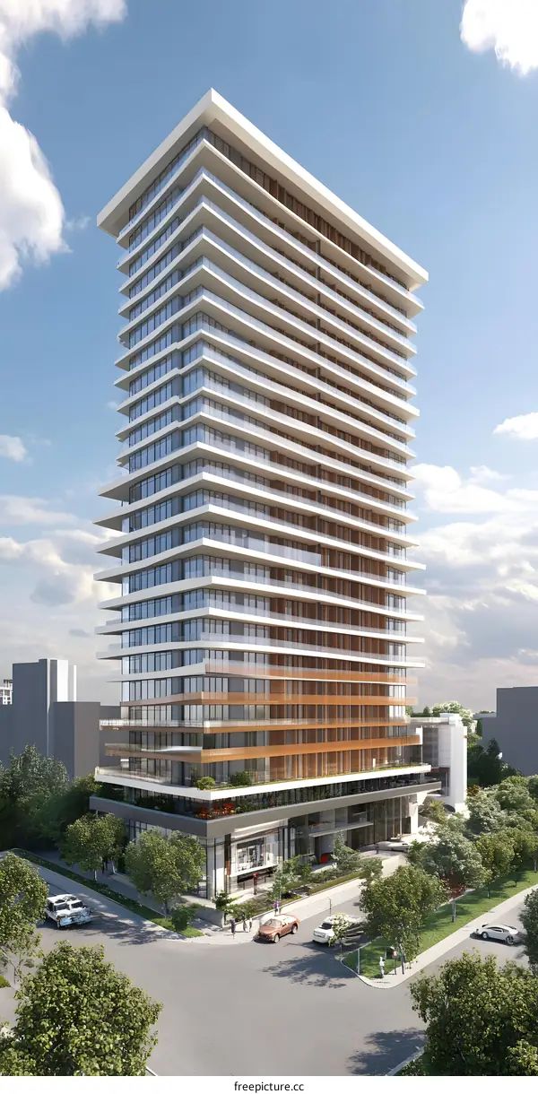 Modern Apartment Building with Balcony Views and Trees