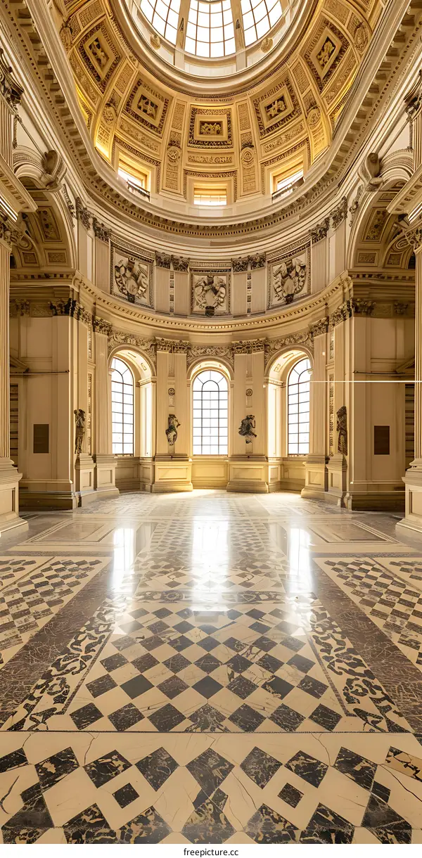 Interior of a Grand Hall with Checkered Floor and Dome