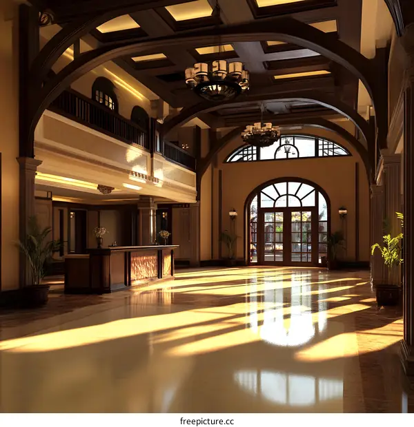 Grand Lobby Interior Design with Arched Windows and Chandeliers
