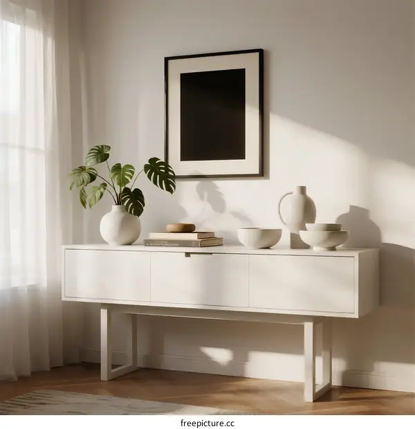Modern White Sideboard with Decorative Plants and Artwork in Living Room