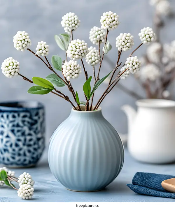 White Flower Bouquet in Blue Vase on Tabletop