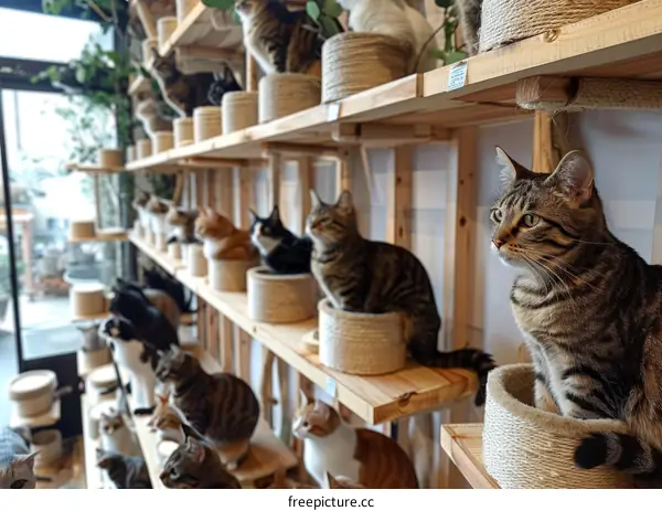 Playful Cats Perched on Shelves in a Pet Store