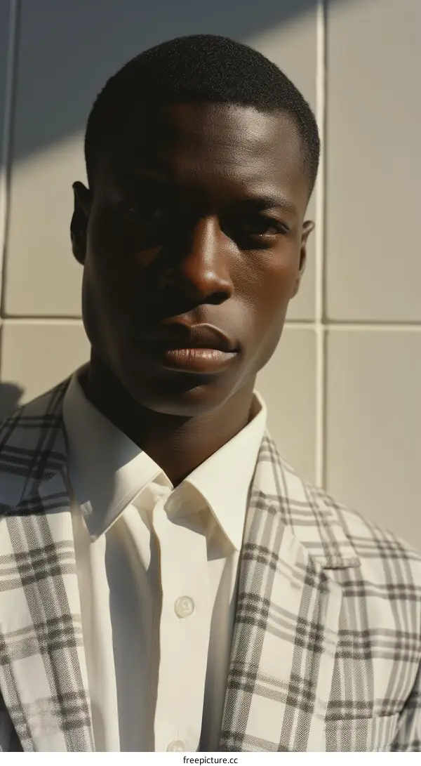 Black Male Model with White Shirt and Checkered Suit