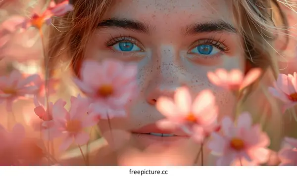 Freckled Young Woman in a Field of Pink Flowers