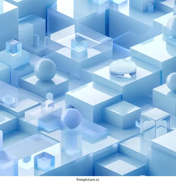 Blue translucent 3D cubes and spheres background
