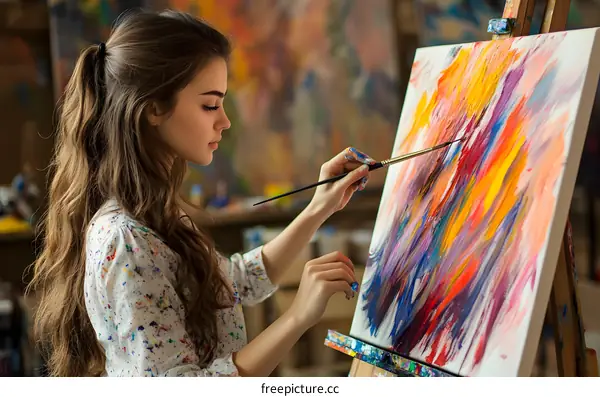 Woman Artist Painting Abstract Art on Canvas