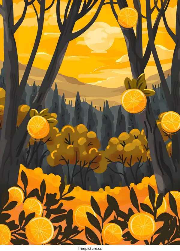 Orange Trees in a Sunset Landscape