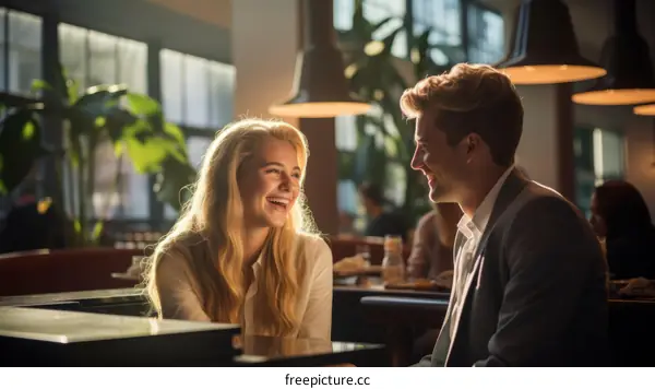 Blond woman and man in suit talking happily in a restaurant