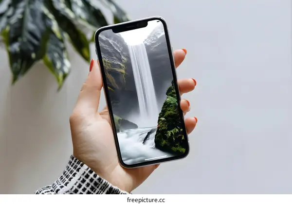 Hand Holding Smartphone with Waterfall Landscape Photo