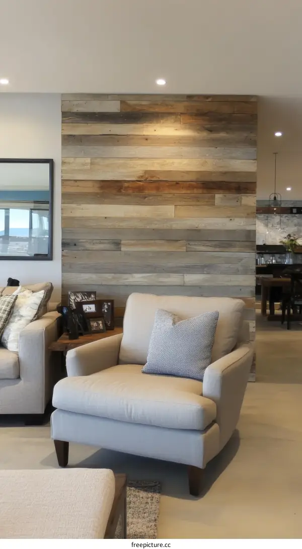 Modern Living Room with Rustic Wood Wall