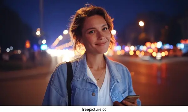 Smiling Woman at Night in City