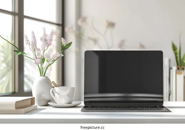 Laptop Computer on a Table with Flowers