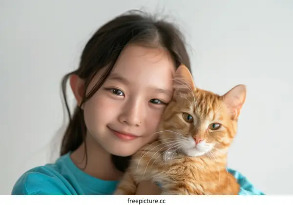 Asian girl hugging an orange cat