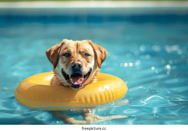 Happy dog playing with water in a pool