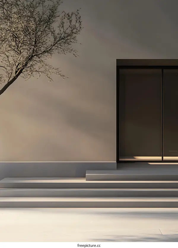 Minimalist House Exterior with Steps and Tree Branch