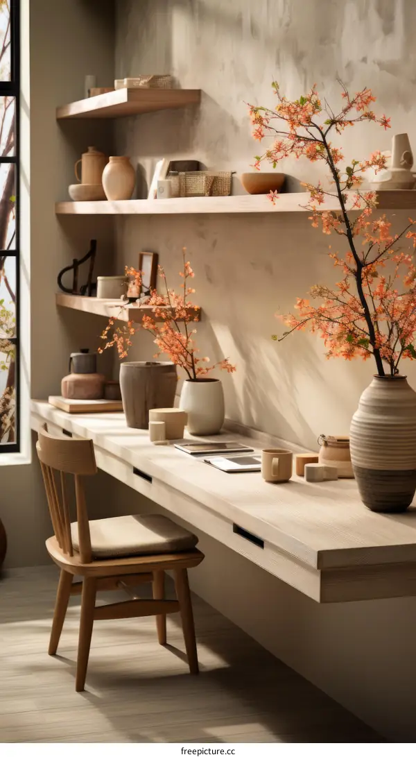 A wooden desk with a lot of stuff on it, including books, a vase, and a computer.