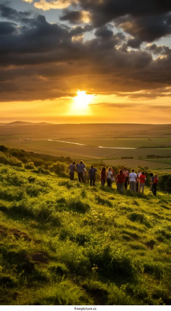 People watching the sunset over a valley