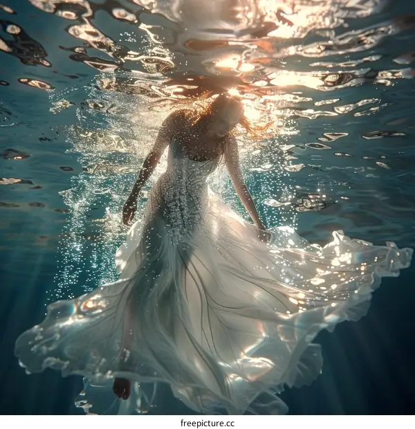 Ethereal Underwater Vision of a Woman in a White Dress