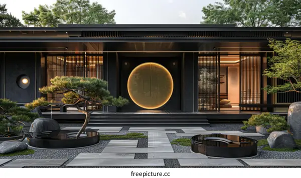 Courtyard with round golden door and trees