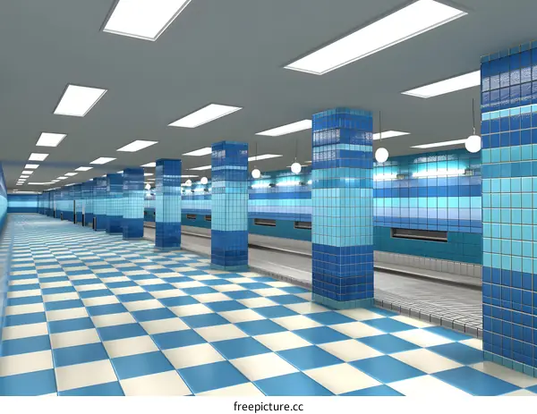 Blue Tile Underground Corridor with White Ceiling