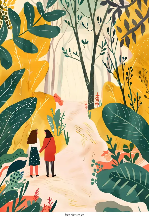 Two Girls Walking Through Forest Path Illustration