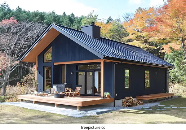 Modern Cabin With Wooden Deck and Autumn Foliage