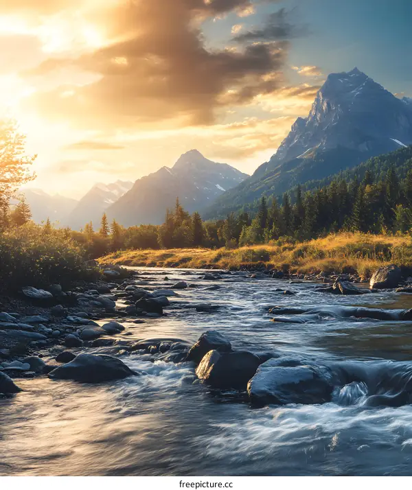 Mountain River at Sunset in Nature