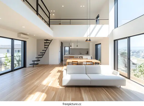 Modern Open Plan Living Room With Large Windows and Minimalist Design