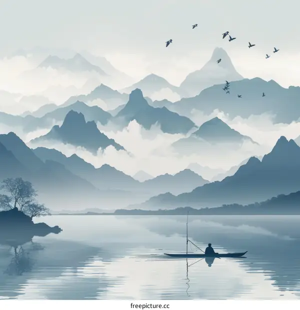 Peaceful Lake in the Mountains with a Fisherman and Birds