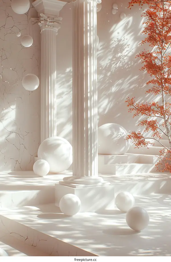Elegant White Columns and Orbs in a Sunlit Hall