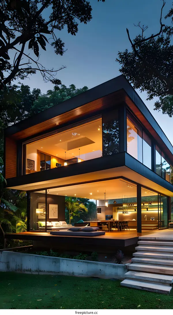 Modern House With Large Windows And Wooden Deck