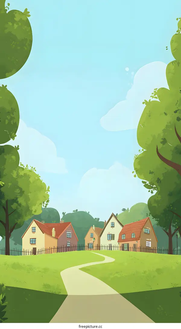 Cartoon Illustration of Houses and a Winding Path in a Green Meadow with a Blue Sky