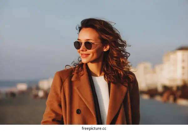 Woman in a camel coat by the sea