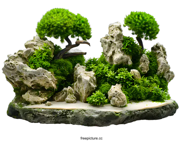 [Transparent Background PNG]Green Miniature Bonsai Tree Landscape with Rocks and Moss