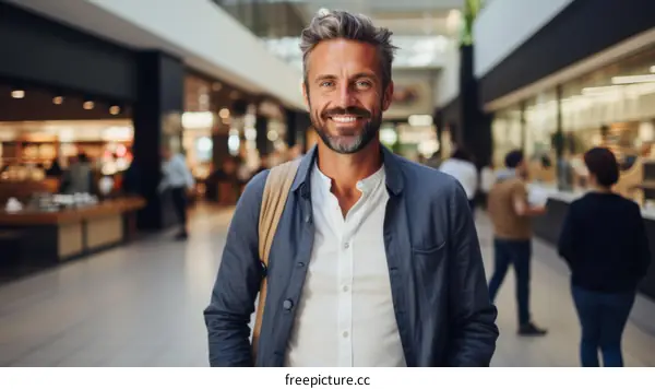 Portrait of a smiling man with grey hair and beard wearing a blue shirt and white t-shirt