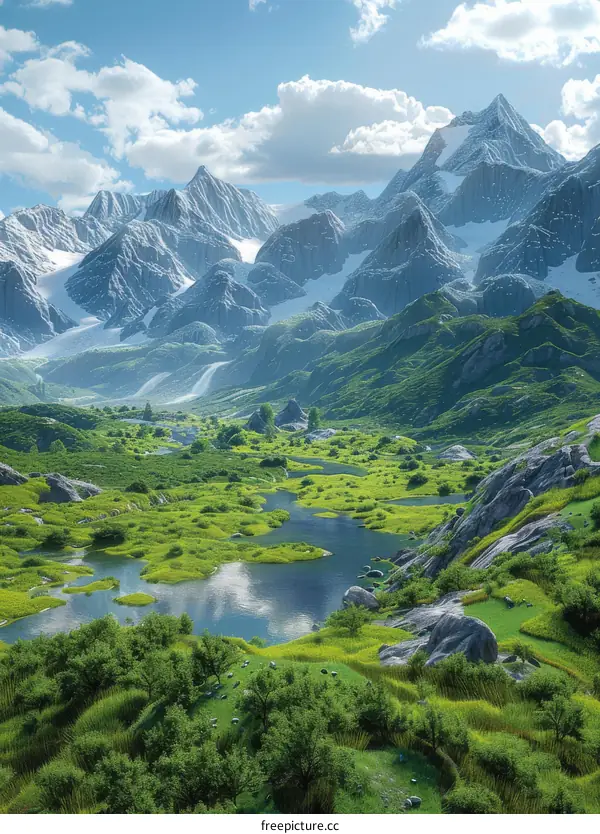 Fantasy Mountain Landscape with River and Snow