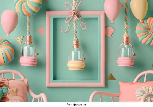 Pastel Colored 3D Rendering Of Lamps Hanging With Rope And Bow