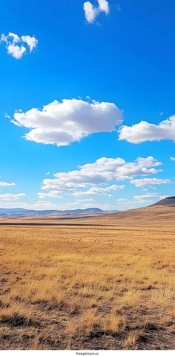 Blue Sky Over Grassy Field and Mountains