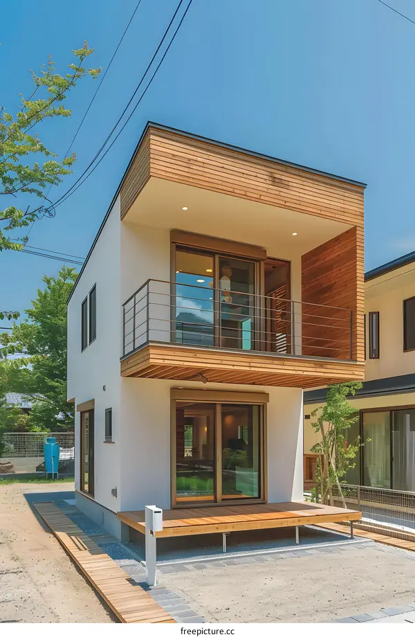 Modern White and Wood House with Balcony