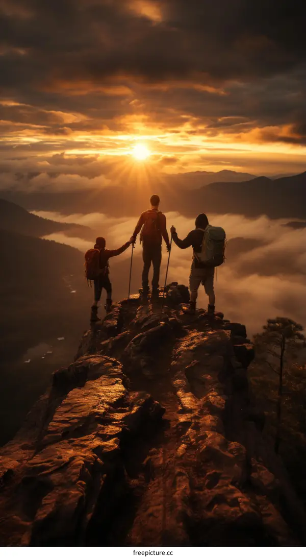 Three hikers holding hands and standing on a mountaintop at sunset