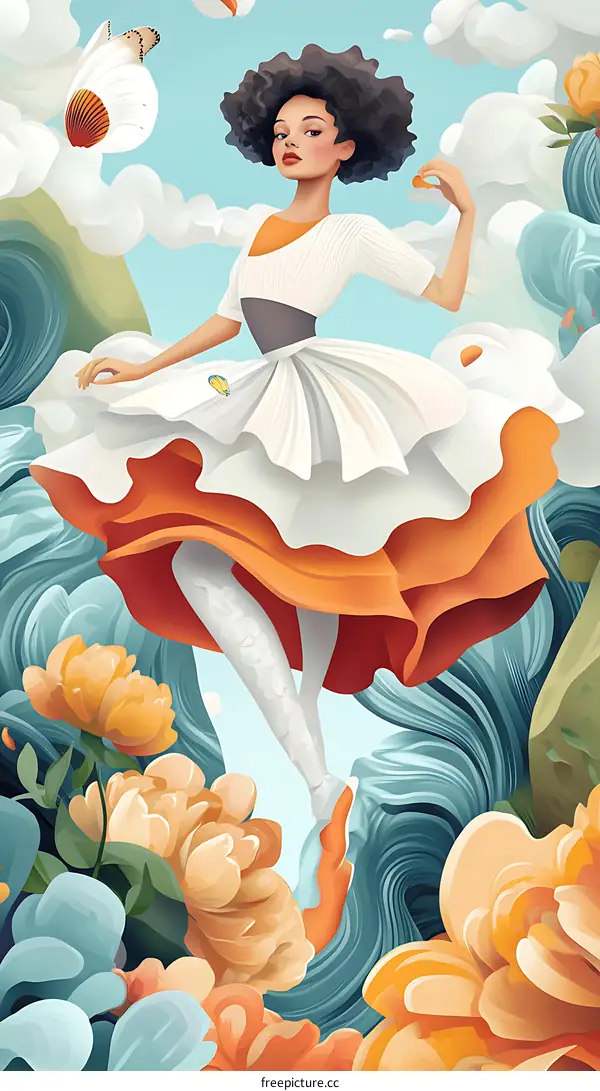 Woman in White Dress and Orange Skirt with Flowers and Butterflies