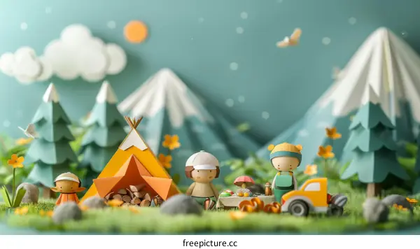 A cute illustration of two paper dolls camping in the mountains