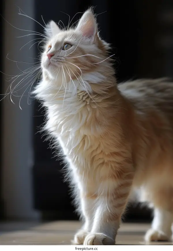 A ginger cat looking up