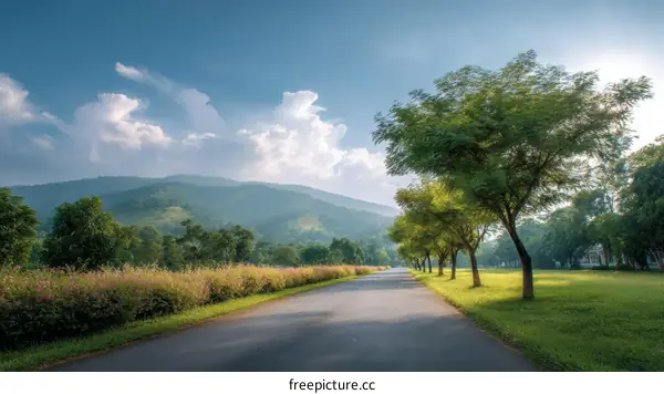 Mountain Roadside Landscape in Sunny Morning