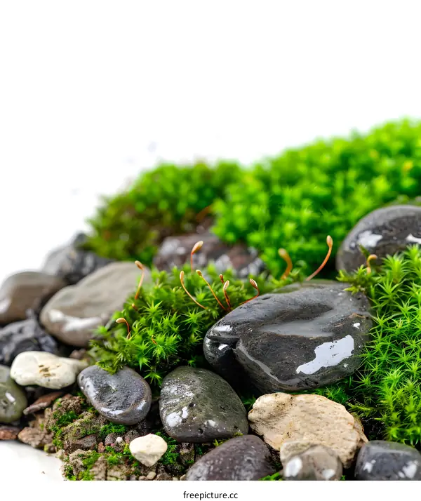 Close Up of Moss and Rocks on White Background