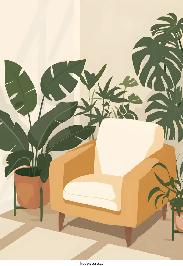 Living Room Illustration with Armchair and Plants