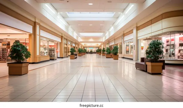 An empty shopping mall with white walls and tiled floors