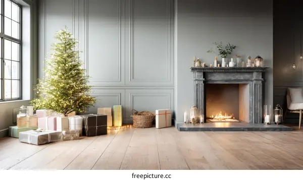 Christmas Interior with Fireplace and Decor