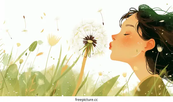 Girl Blowing Dandelion in a Meadow